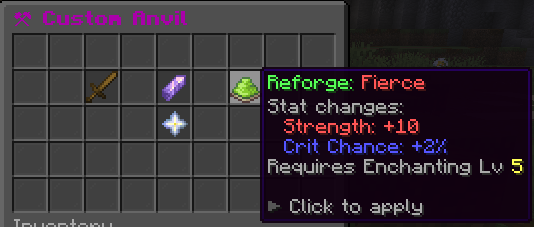 The Custom Anvil GUI — hovering a reforge option shows stat changes, required enchanting level, and a click-to-apply prompt