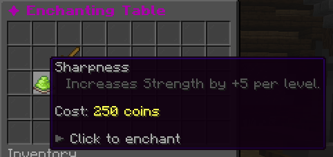 The Enchanting Table GUI — selecting an enchant shows its description, coin cost, and a click-to-enchant prompt