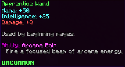 An Apprentice Wand showing Mana, Intelligence, and Damage stats with the ability description in lore