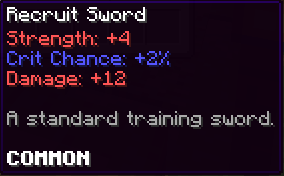 A COMMON sword with Strength, Crit Chance, and Damage stats rendered in lore
