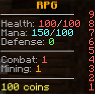 The RPG sidebar showing Health, Mana, Defense, skill levels, and coin balance